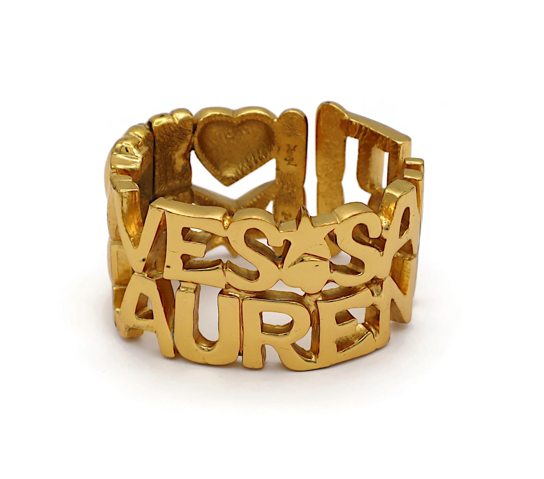 Women's YVES SAINT LAURENT YSL Vintage Gold Tone Letter Heart Star Cuff Bracelet For Sale