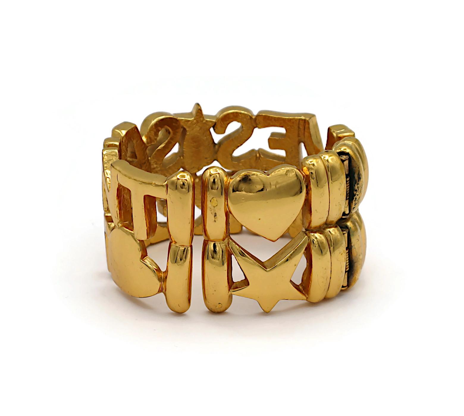 YVES SAINT LAURENT YSL Vintage Gold Tone Letter Heart Star Cuff Bracelet For Sale 2