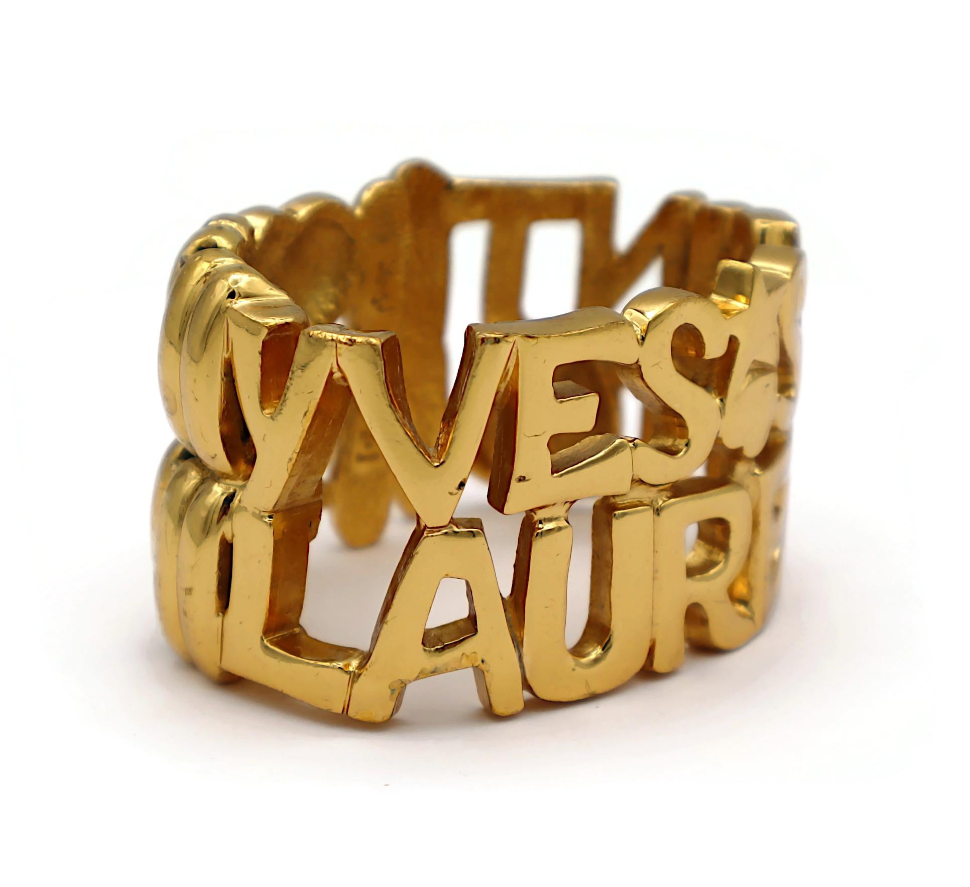 YVES SAINT LAURENT YSL Vintage Gold Tone Letter Heart Star Cuff Bracelet For Sale 3