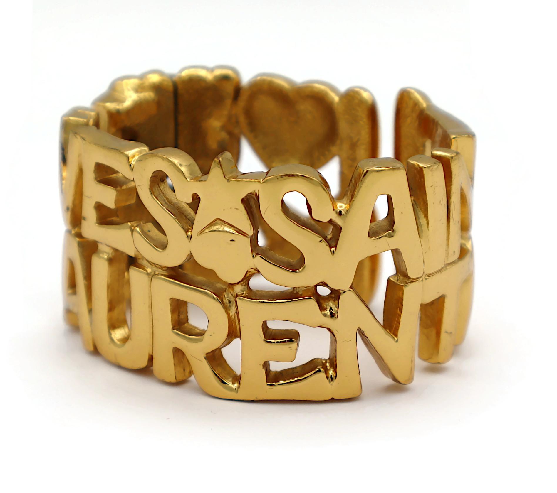 YVES SAINT LAURENT YSL Vintage Gold Tone Letter Heart Star Cuff Bracelet For Sale 4