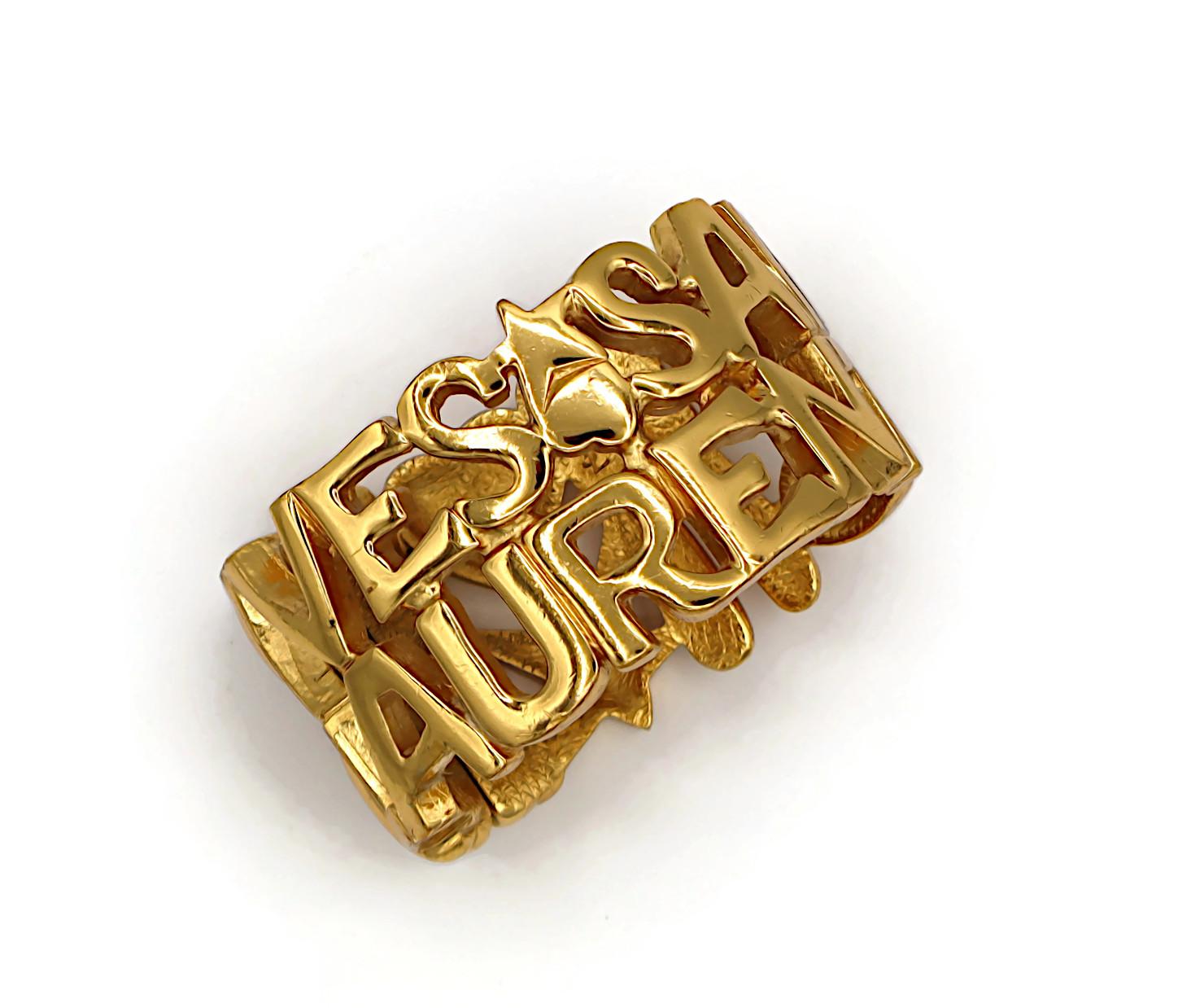 YVES SAINT LAURENT YSL Vintage Gold Tone Letter Heart Star Cuff Bracelet For Sale 5