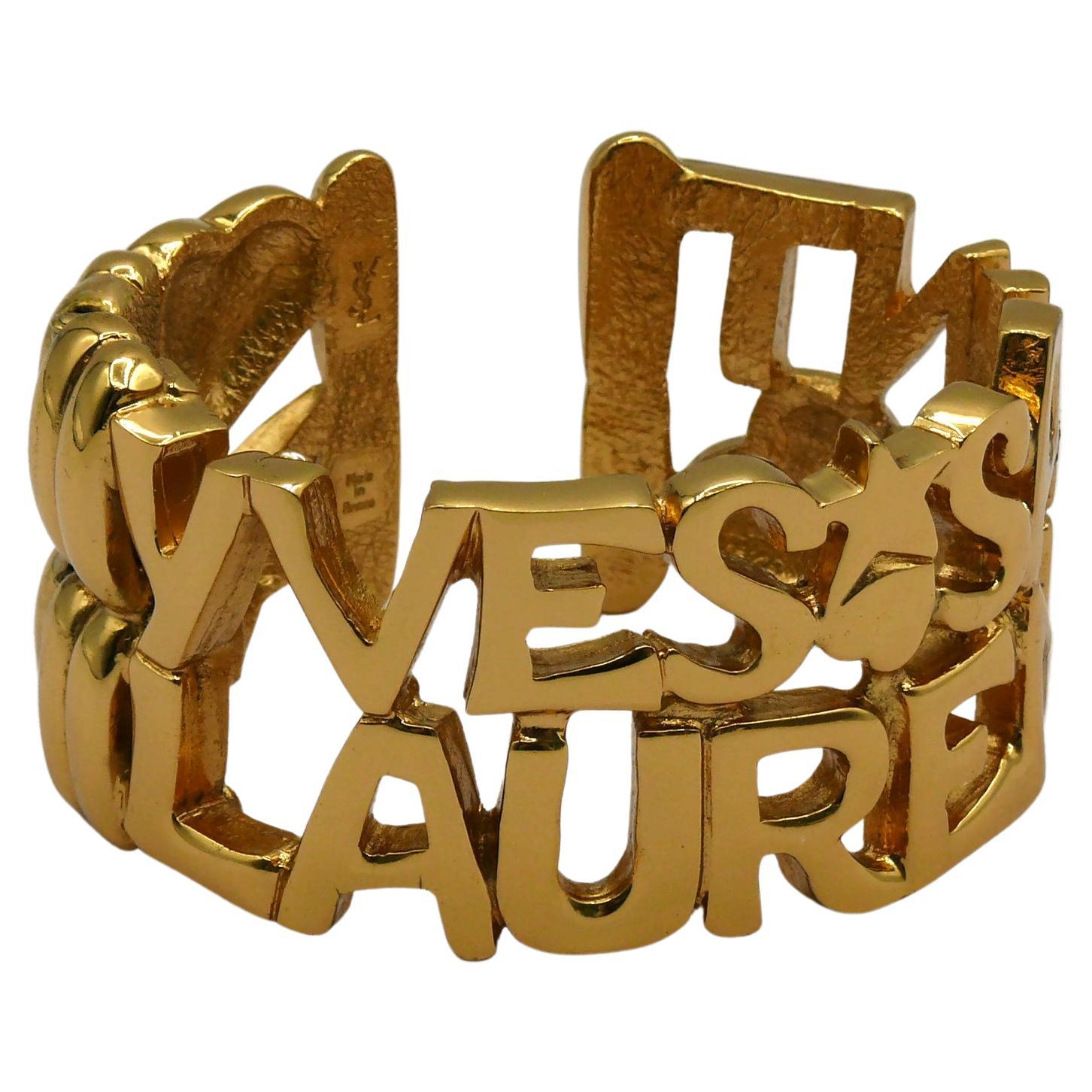 YVES SAINT LAURENT YSL Vintage Gold Tone Letter Heart Star Cuff Bracelet For Sale