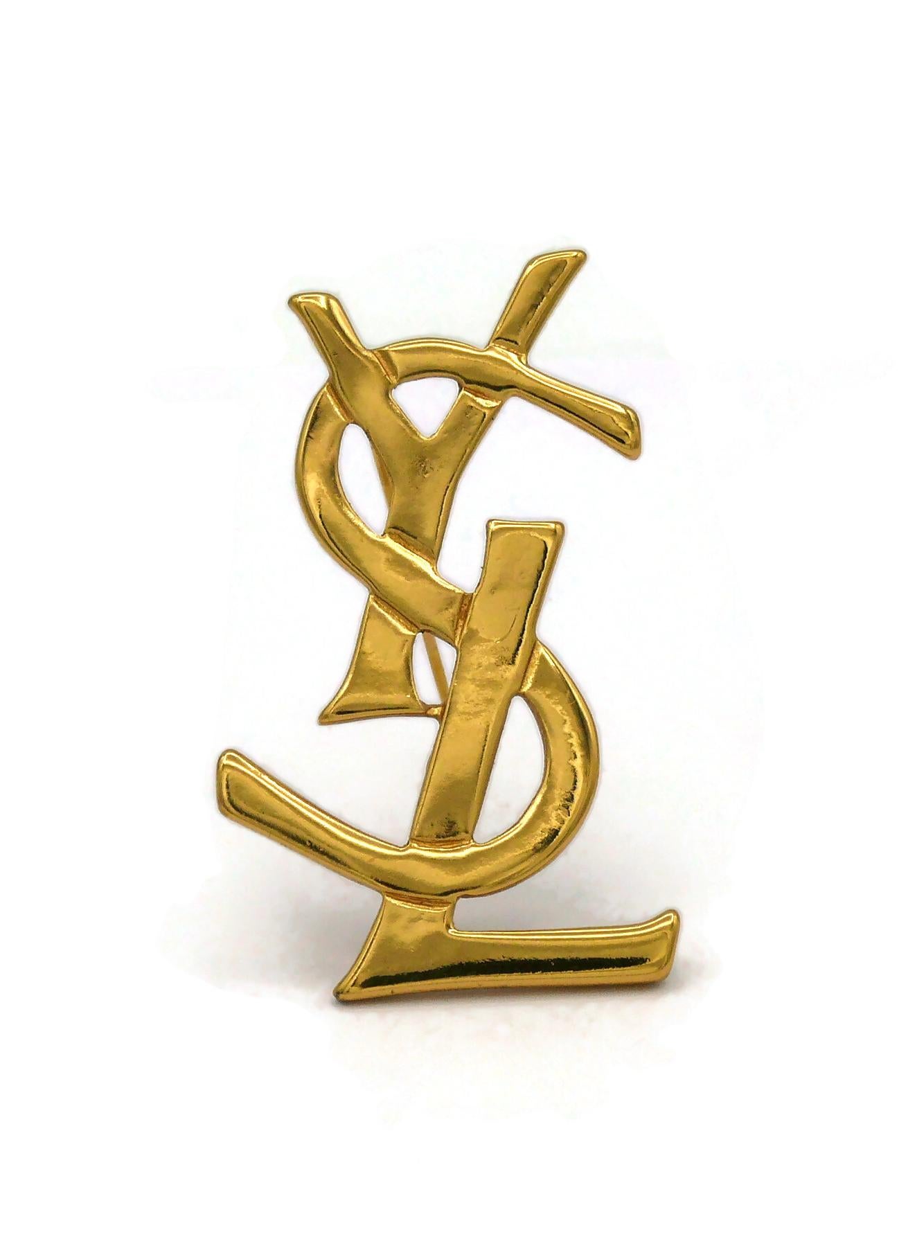 YVES SAINT LAURENT YSL Vintage Gold Tone Logo Brooch For Sale at