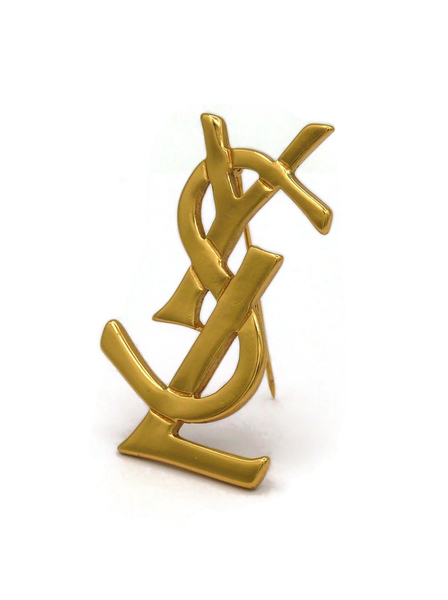 YVES SAINT LAURENT YSL Vintage Gold Tone Logo Brooch For Sale at