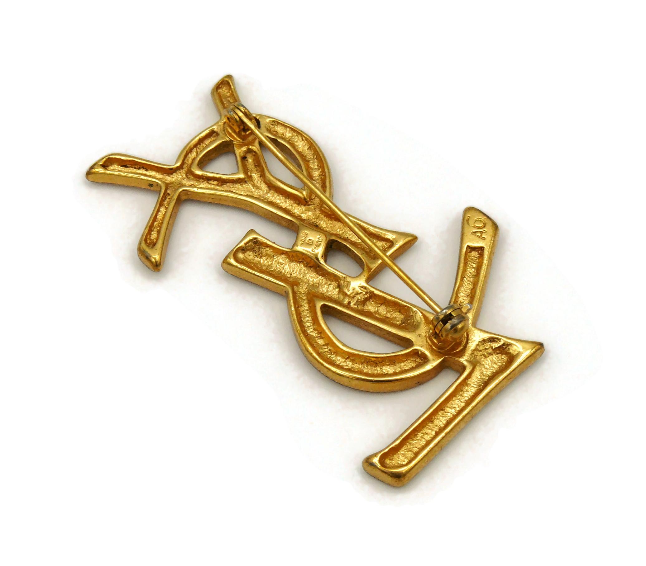 YVES SAINT LAURENT YSL Vintage Gold Tone Logo Brooch For Sale at