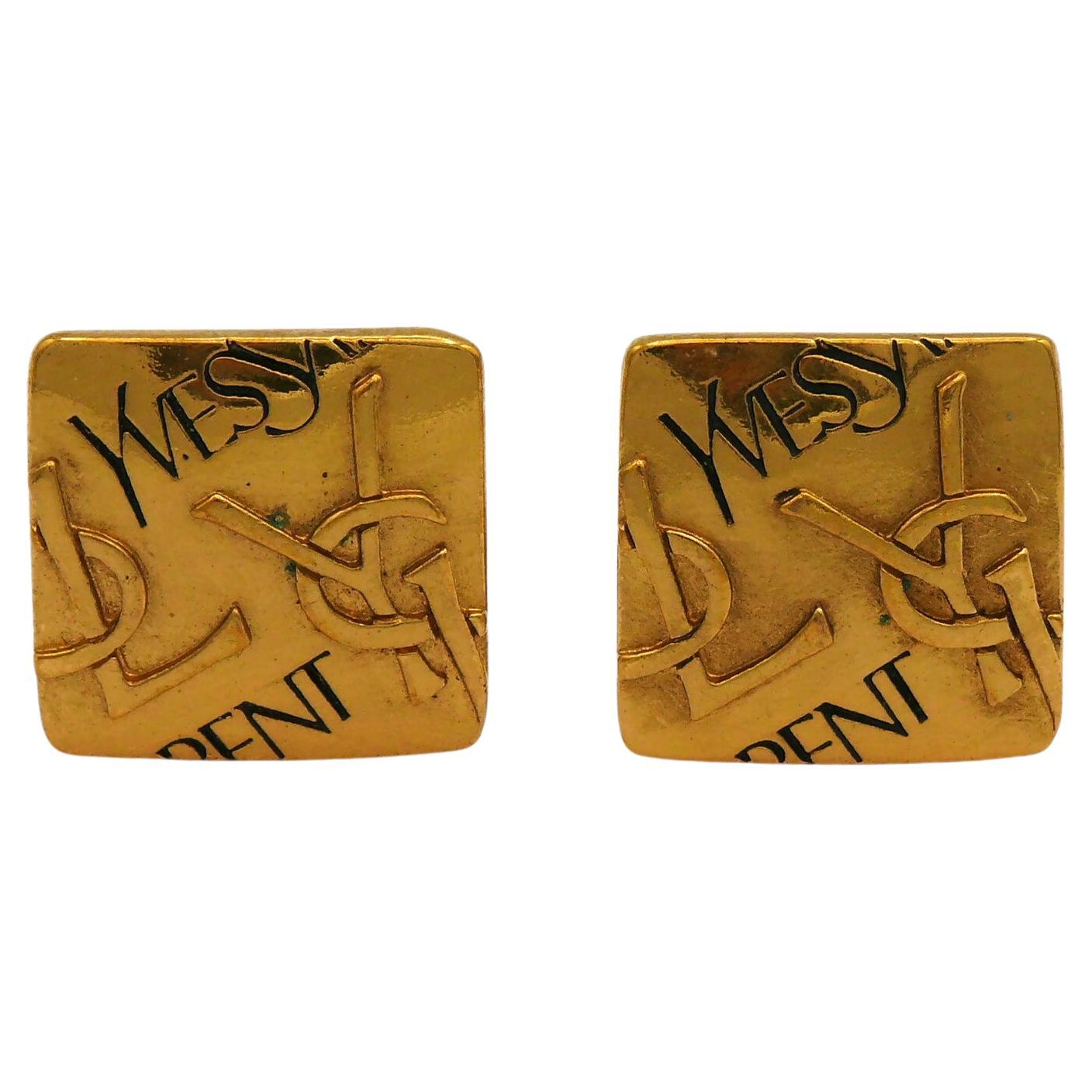 YVES SAINT LAURENT YSL Vintage Gold Tone Logo Clip-On Earrings