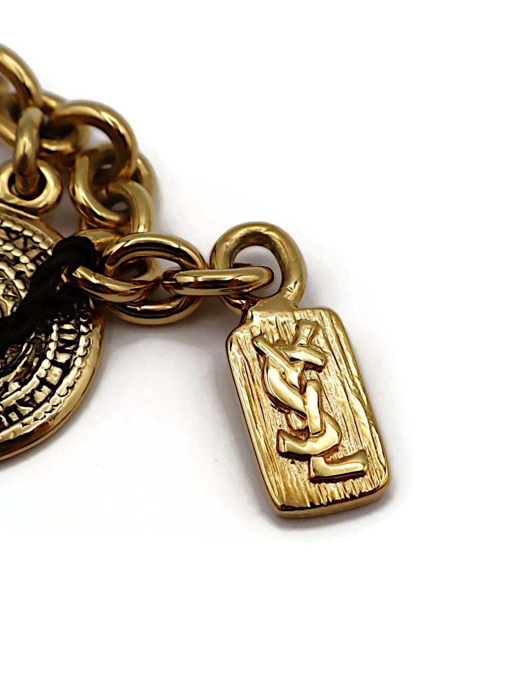 YVES SAINT LAURENT YSL Vintage Gold Tone Medal Charm Chain Bracelet For Sale 7