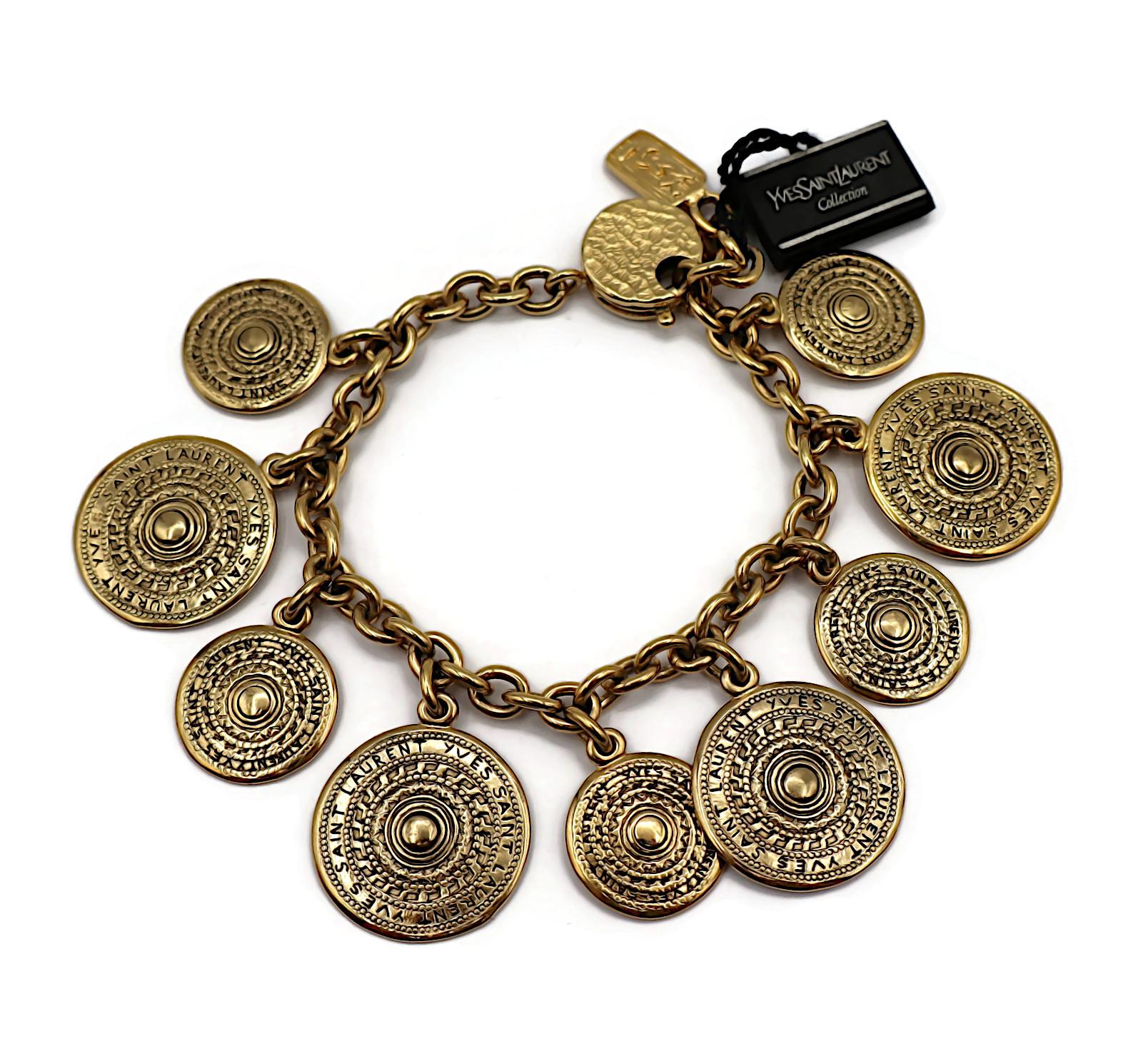 Women's YVES SAINT LAURENT YSL Vintage Gold Tone Medal Charm Chain Bracelet For Sale