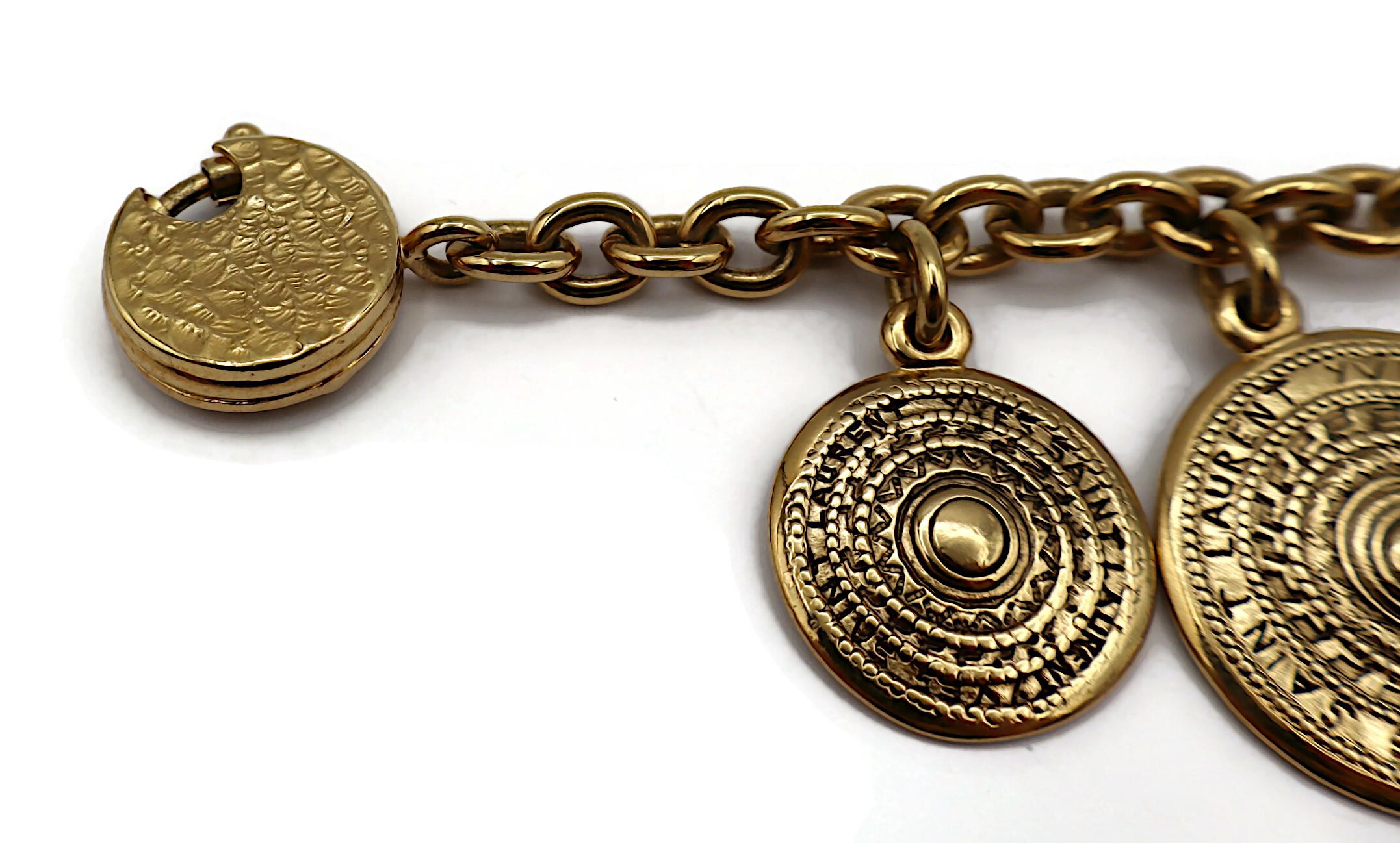 YVES SAINT LAURENT YSL Vintage Gold Tone Medal Charm Chain Bracelet For Sale 1