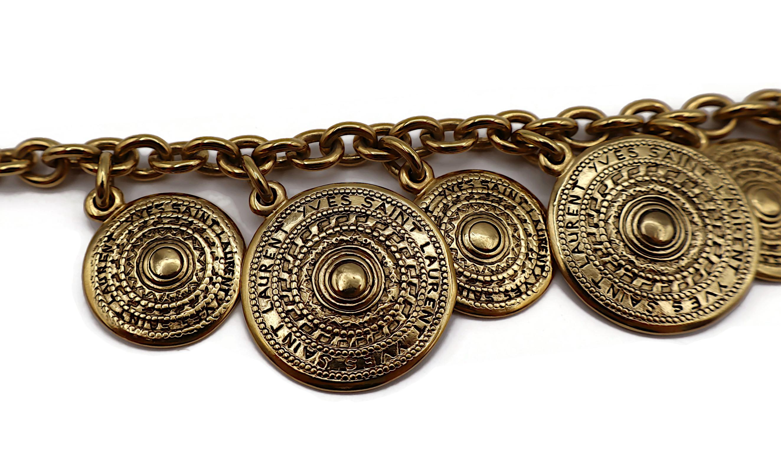 YVES SAINT LAURENT YSL Vintage Gold Tone Medal Charm Chain Bracelet For Sale 2