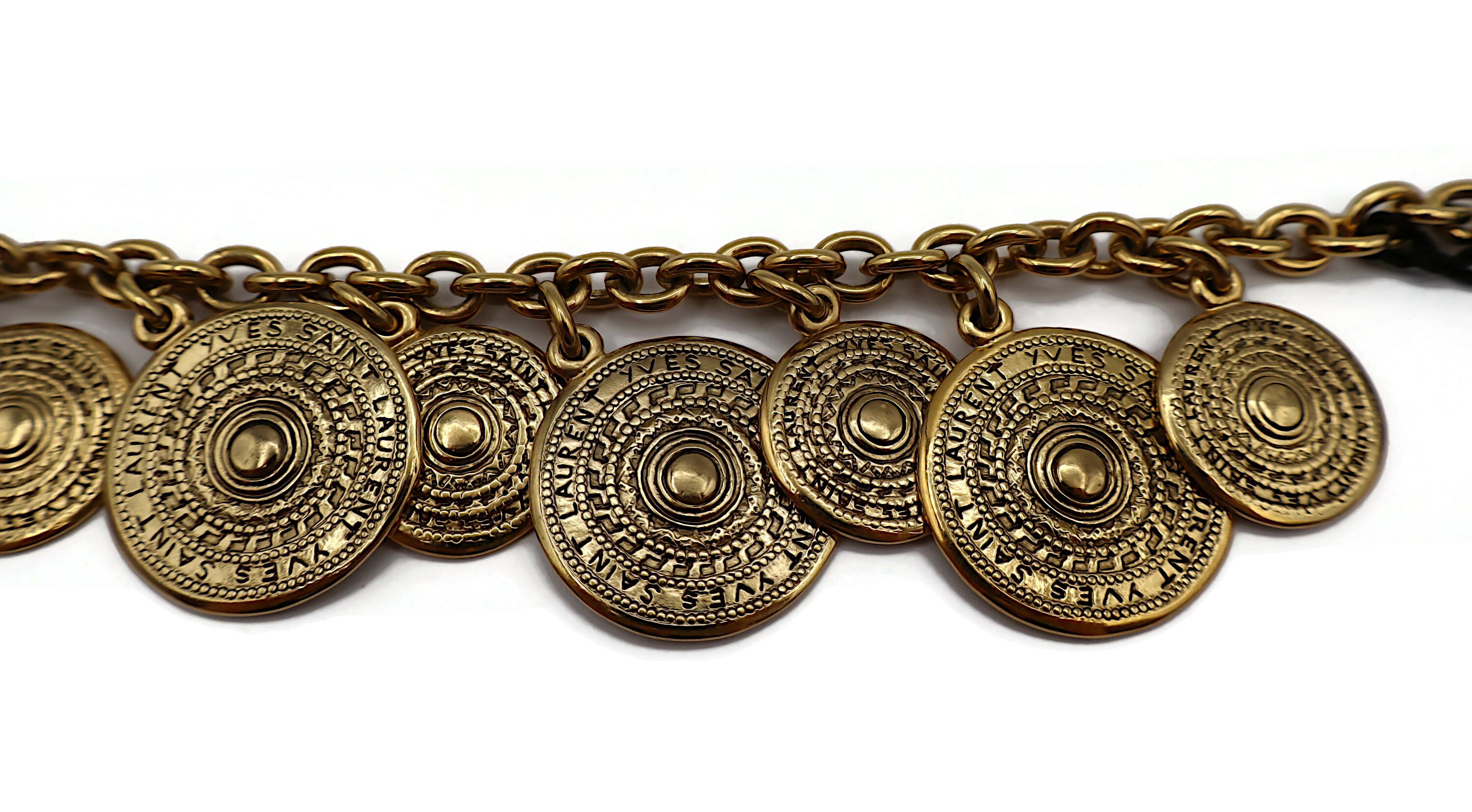 YVES SAINT LAURENT YSL Vintage Gold Tone Medal Charm Chain Bracelet For Sale 4