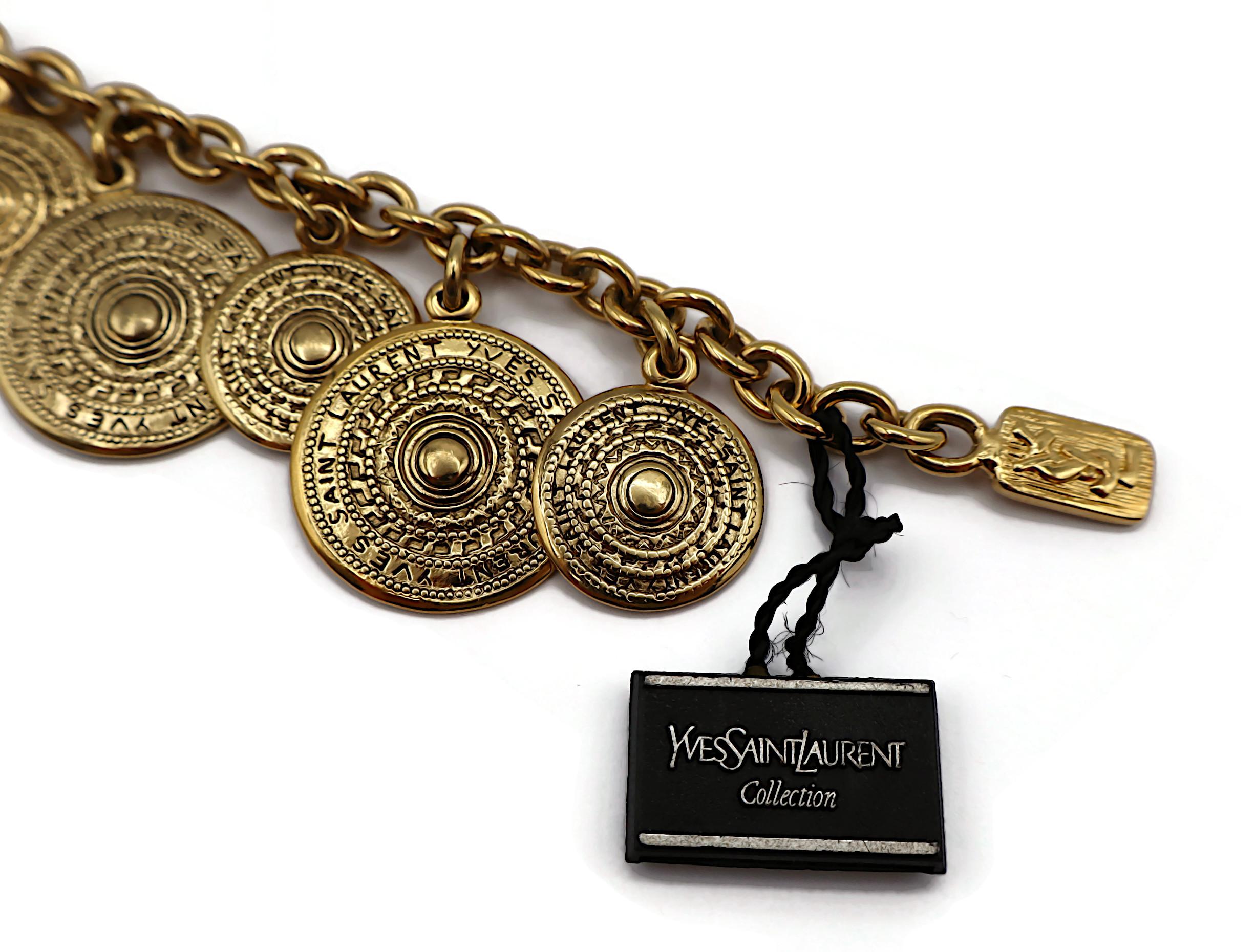 YVES SAINT LAURENT YSL Vintage Gold Tone Medal Charm Chain Bracelet For Sale 5