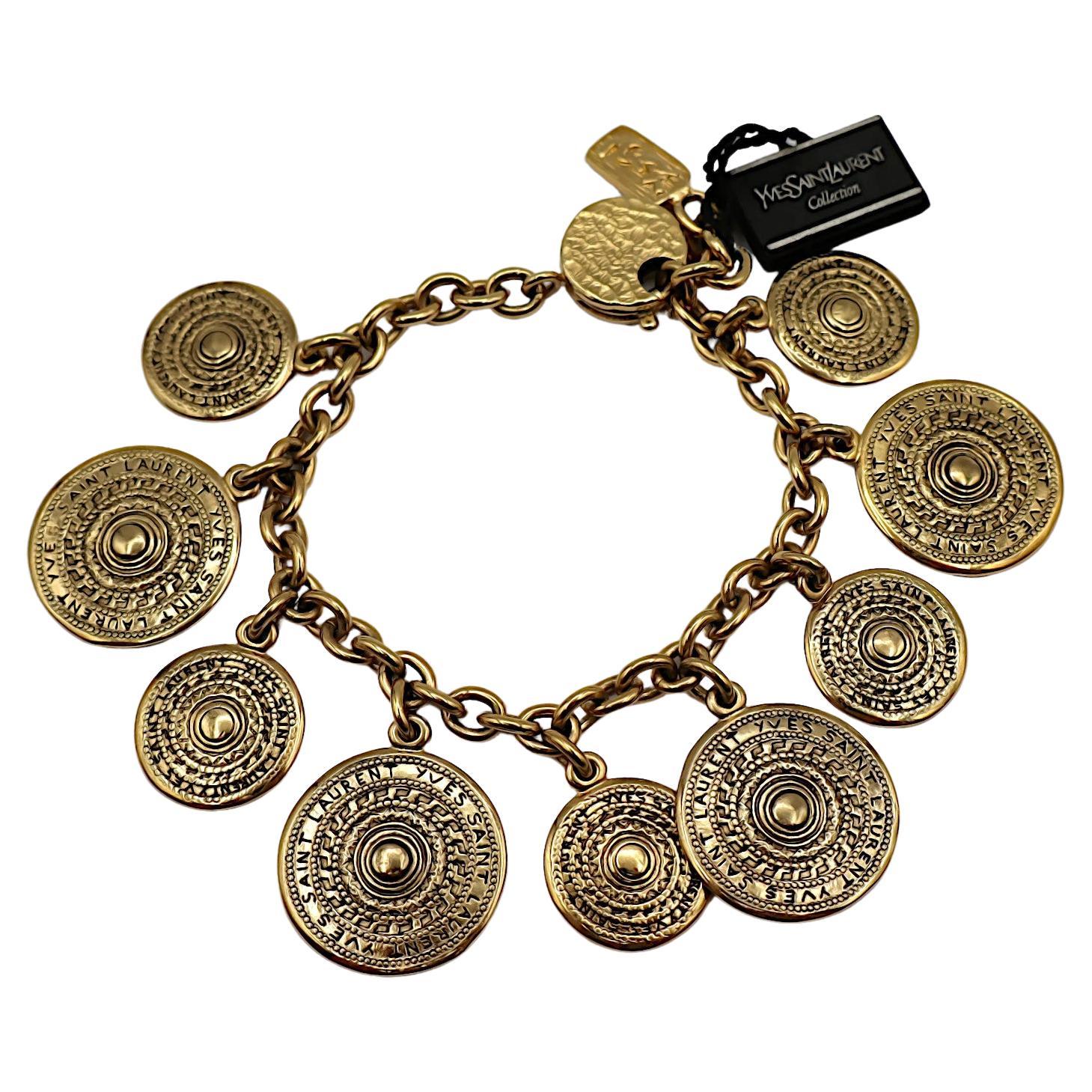 YVES SAINT LAURENT YSL Vintage Gold Tone Medal Charm Chain Bracelet For Sale