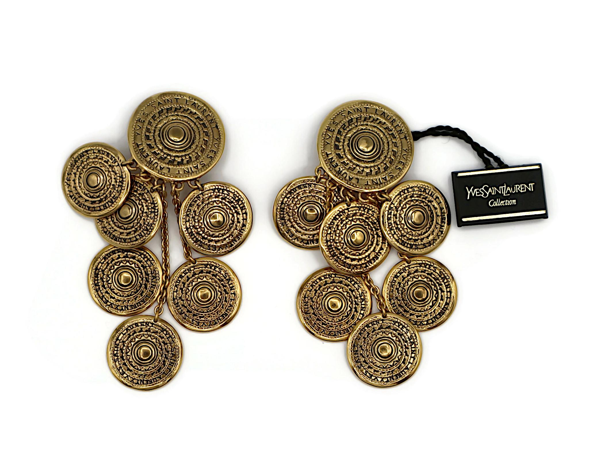 Women's YVES SAINT LAURENT YSL Vintage Gold Tone Medal Charm Dangling Earrings For Sale