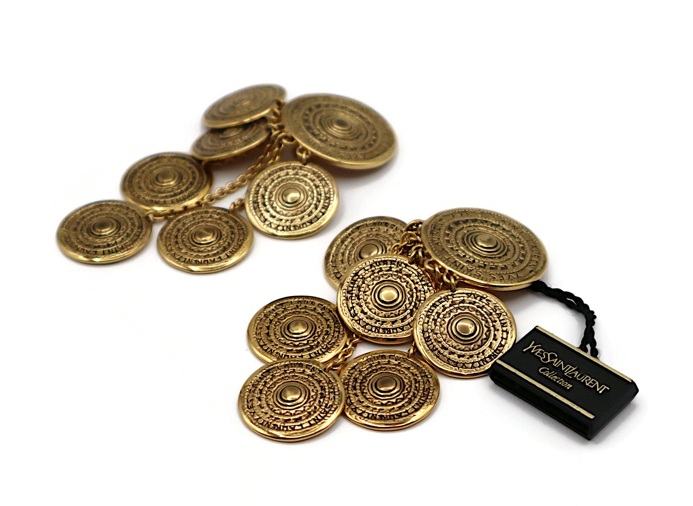 YVES SAINT LAURENT YSL Vintage Gold Tone Medal Charm Dangling Earrings For Sale 1