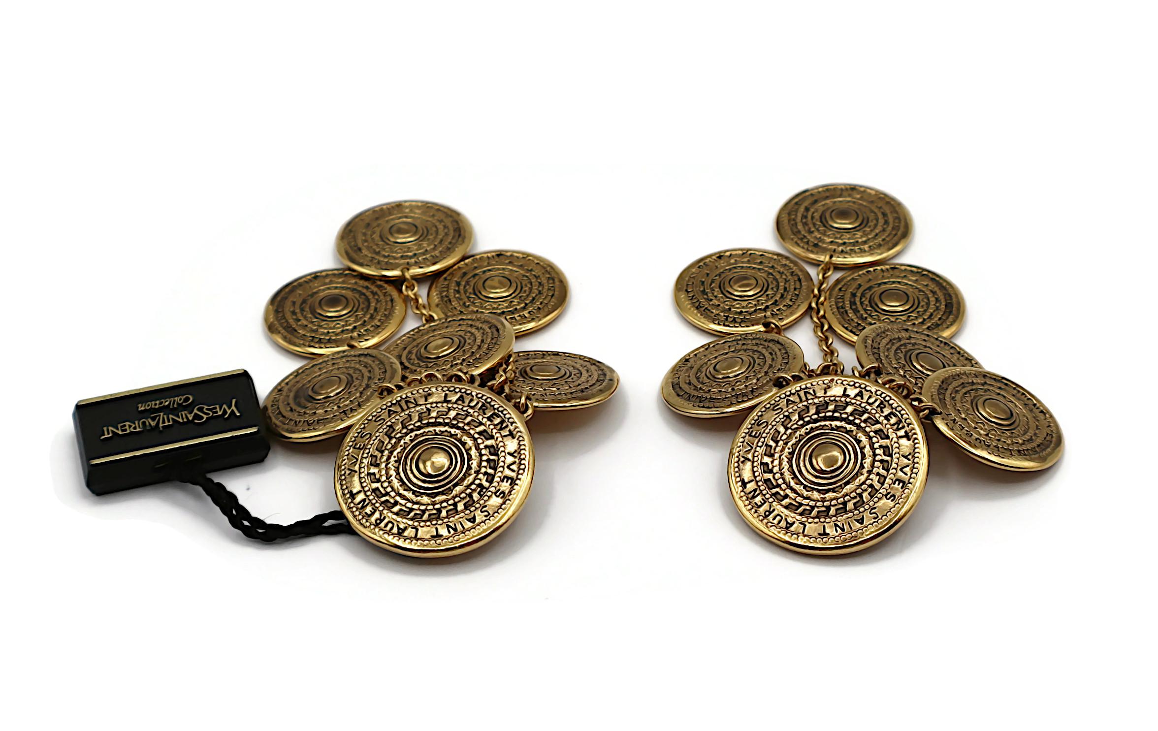 YVES SAINT LAURENT YSL Vintage Gold Tone Medal Charm Dangling Earrings For Sale 2