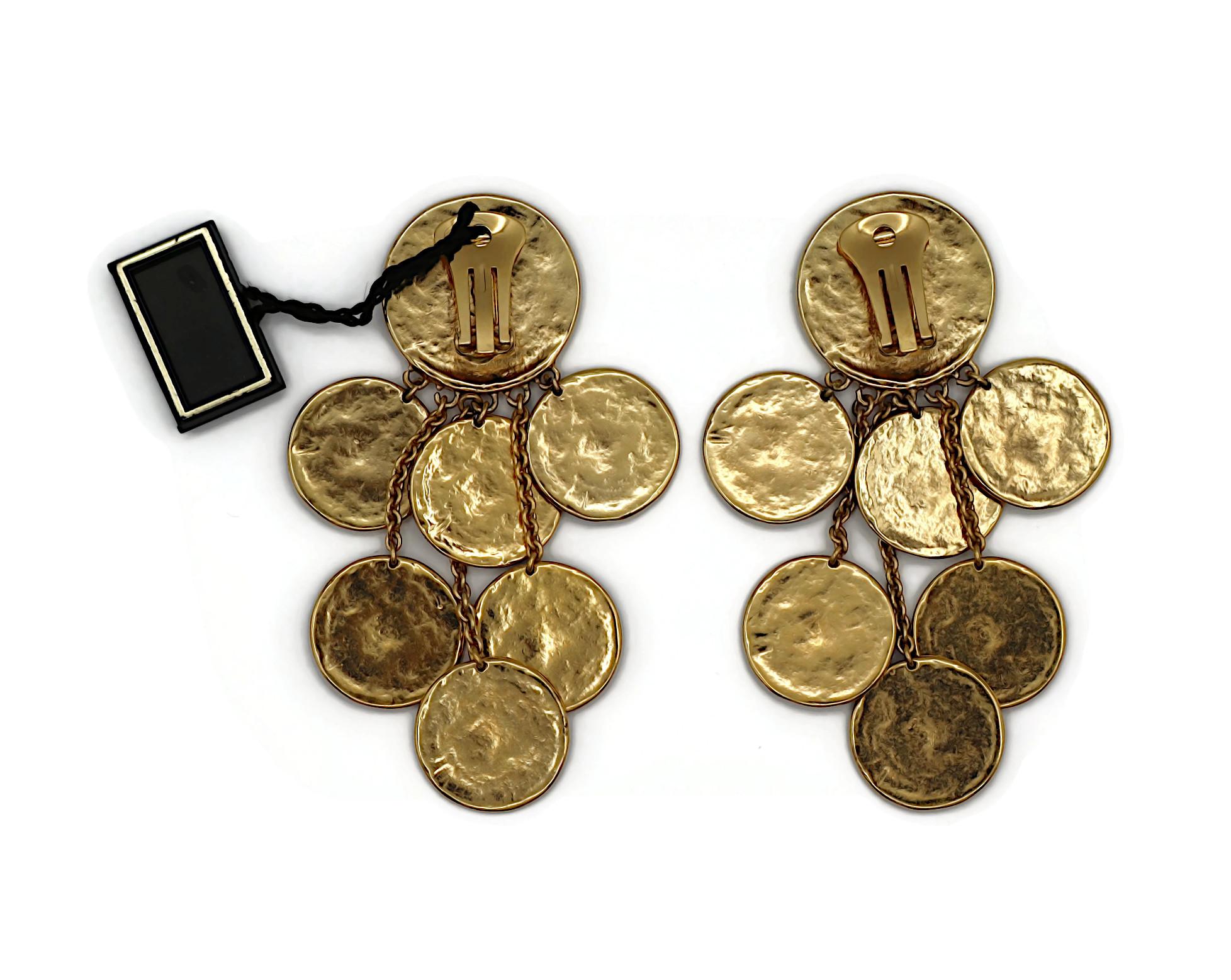 YVES SAINT LAURENT YSL Vintage Gold Tone Medal Charm Dangling Earrings For Sale 3