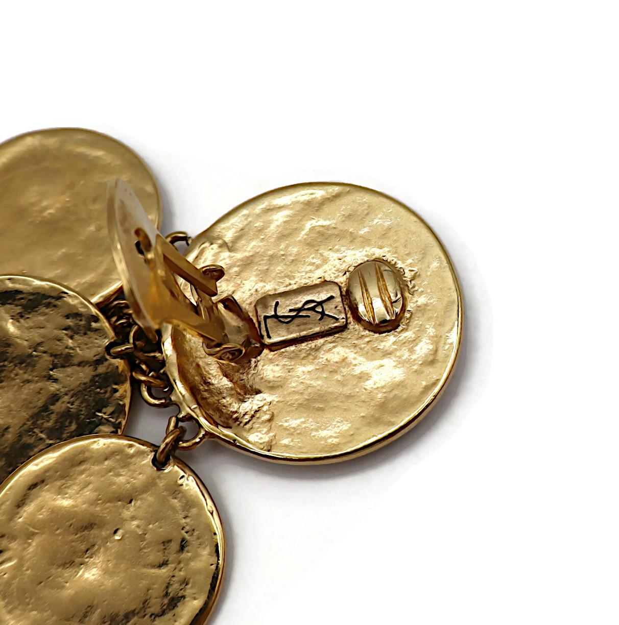 YVES SAINT LAURENT YSL Vintage Gold Tone Medal Charm Dangling Earrings For Sale 4
