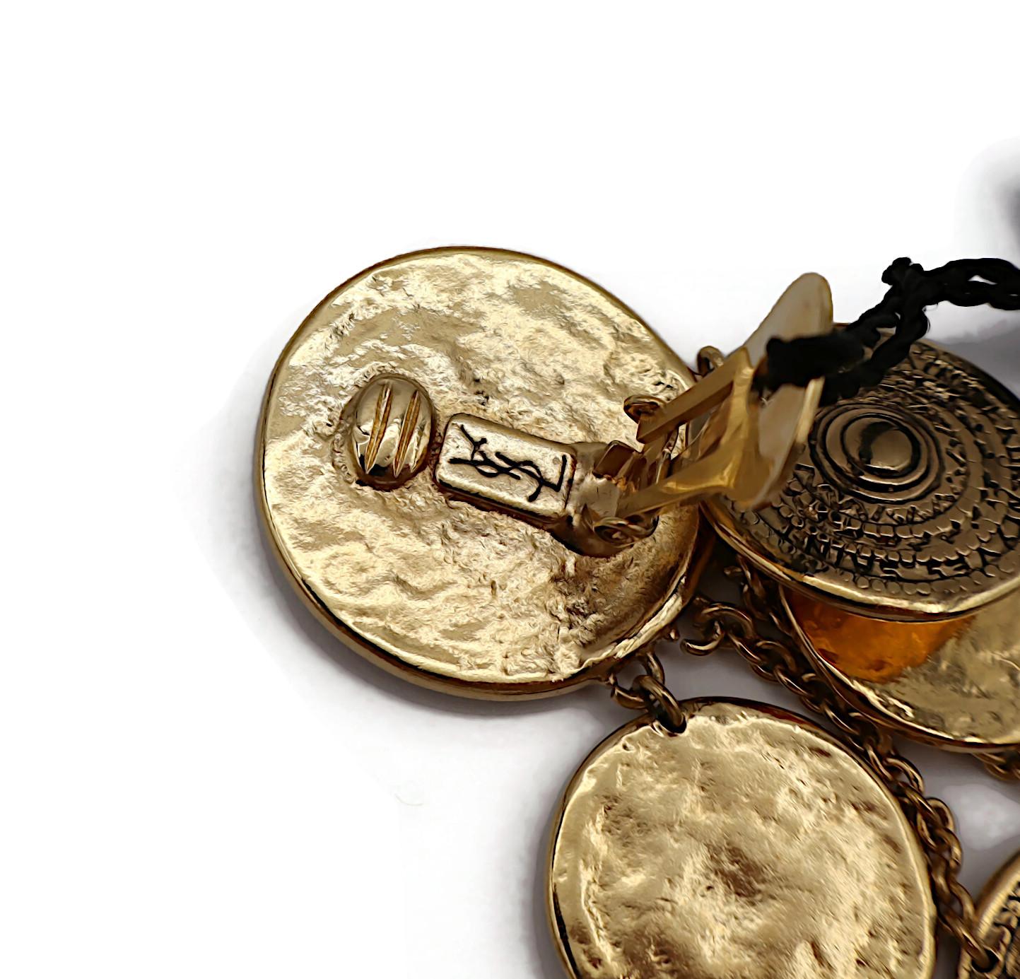YVES SAINT LAURENT YSL Vintage Gold Tone Medal Charm Dangling Earrings For Sale 5