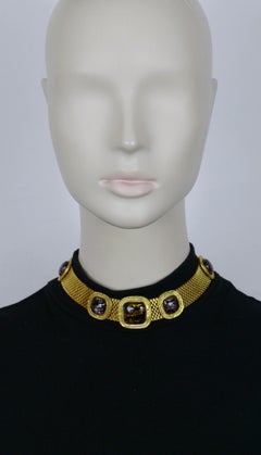 YVES SAINT LAURENT YSL Vintage Gold Tone Mesh & Glass Cabochon Choker Necklace