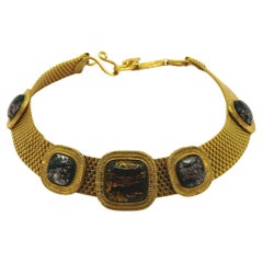 YVES SAINT LAURENT YSL Vintage Gold Tone Mesh & Glass Cabochon Choker Necklace