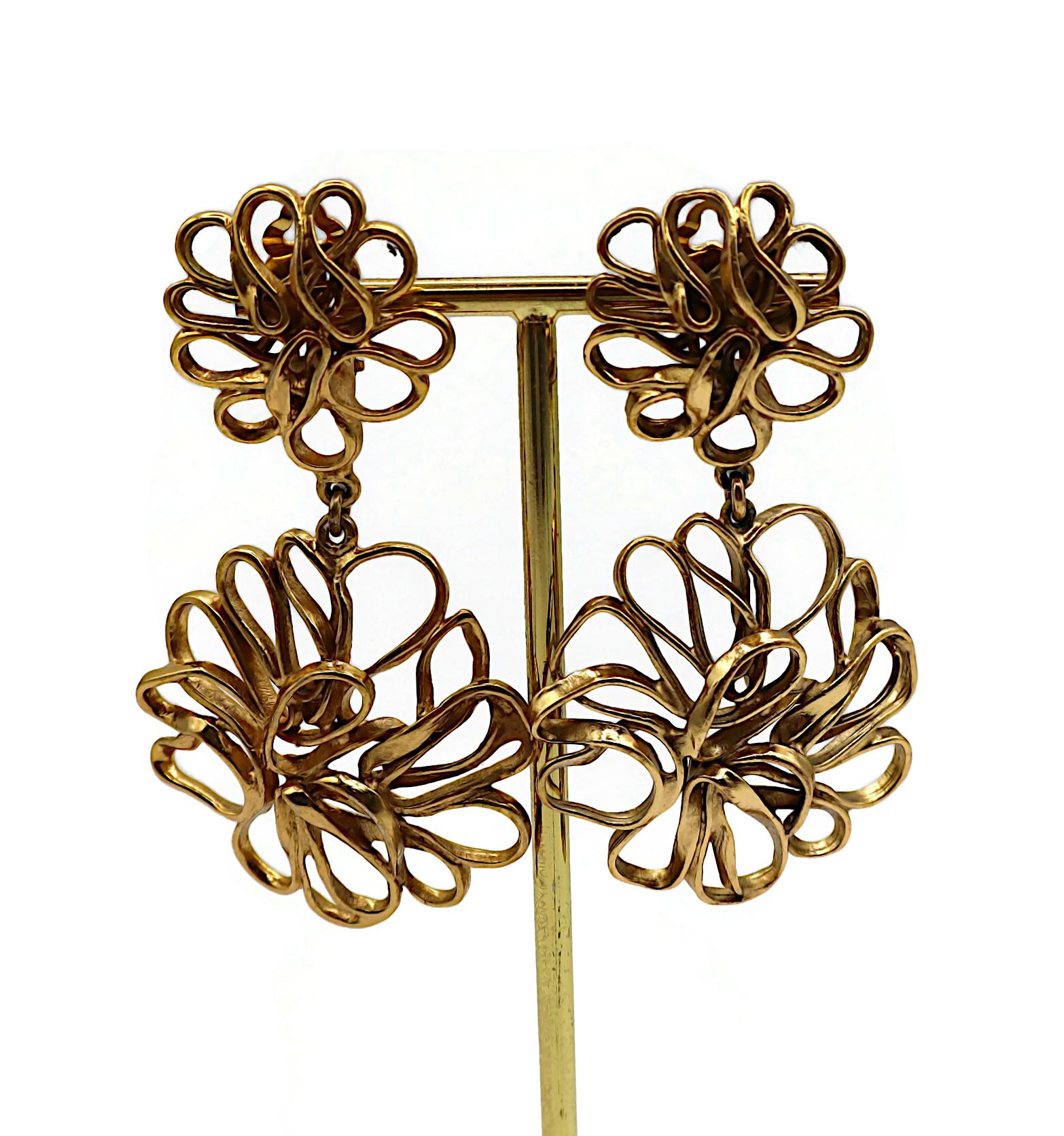 Women's YVES SAINT LAURENT YSL Vintage Gold Tone Openwork Flower Wire Earrings For Sale