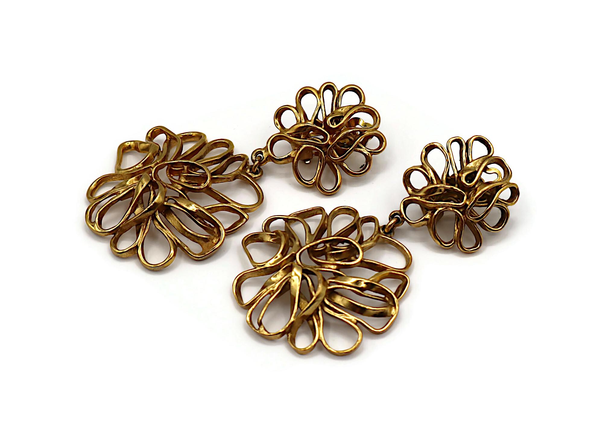 YVES SAINT LAURENT YSL Vintage Gold Tone Openwork Flower Wire Earrings For Sale 1