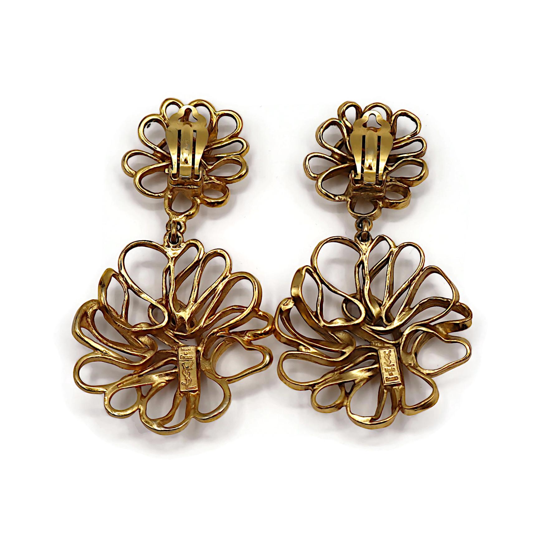 YVES SAINT LAURENT YSL Vintage Gold Tone Openwork Flower Wire Earrings For Sale 2
