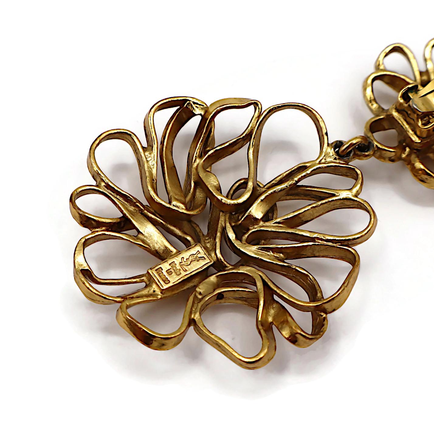 YVES SAINT LAURENT YSL Vintage Gold Tone Openwork Flower Wire Earrings For Sale 3