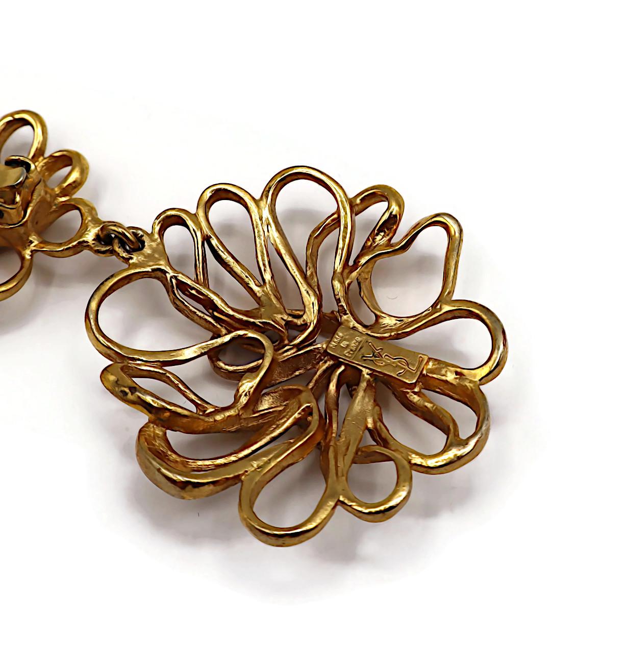 YVES SAINT LAURENT YSL Vintage Gold Tone Openwork Flower Wire Earrings For Sale 4