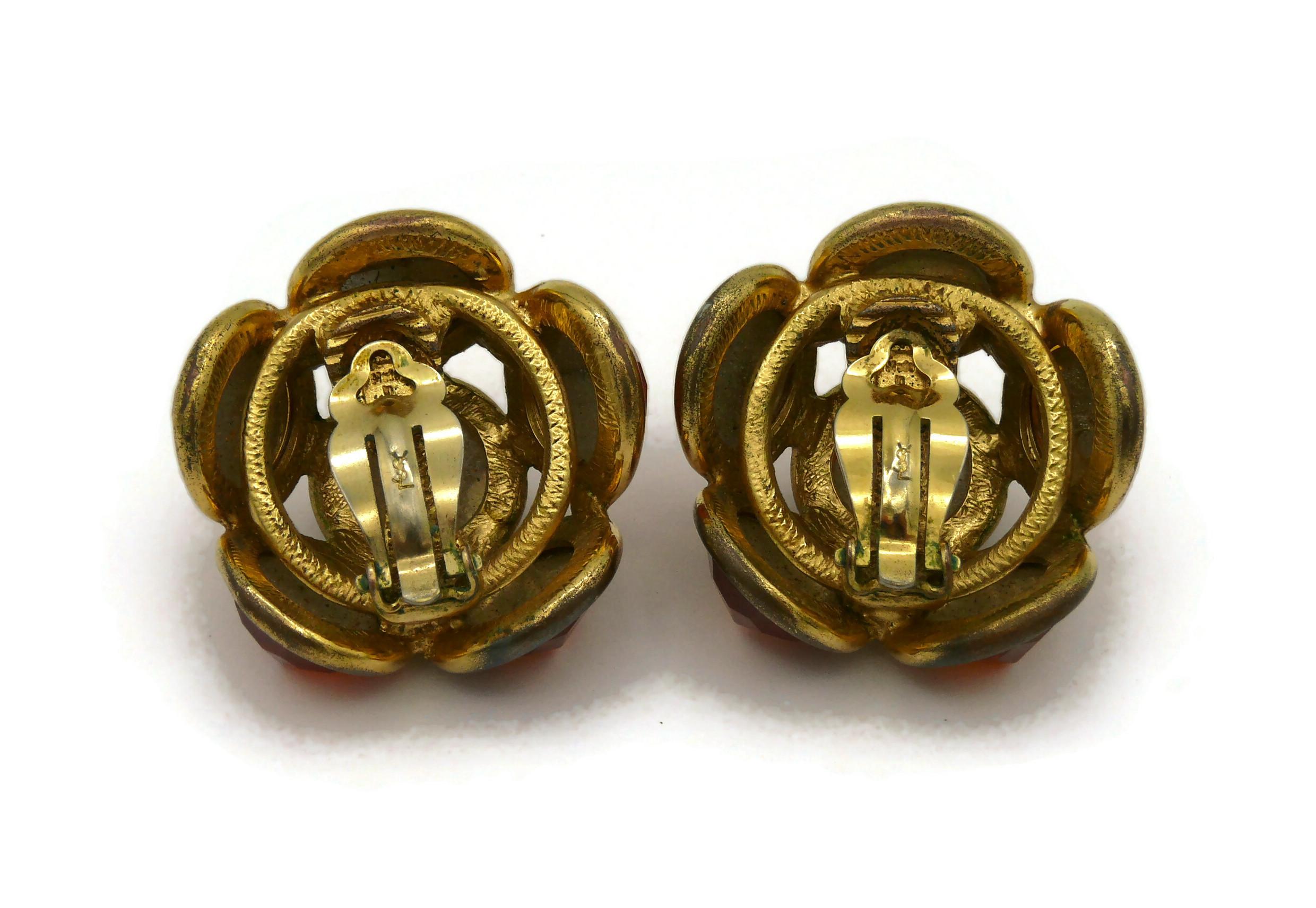 YVES SAINT LAURENT YSL Vintage Gold Tone & Orange Resin Clip-On Earrings For Sale 3