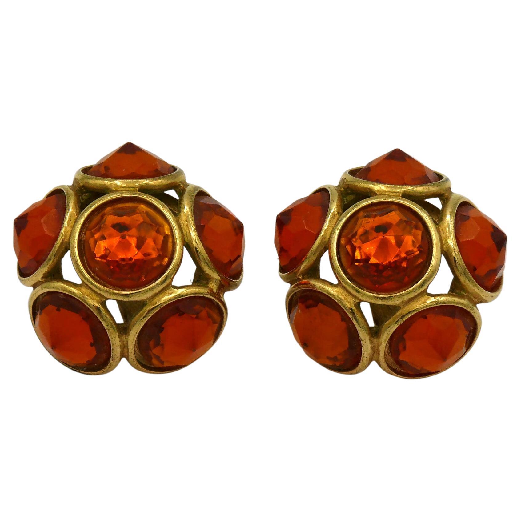YVES SAINT LAURENT YSL Vintage Gold Tone and Orange Resin Clip-On Earrings  For Sale at 1stDibs