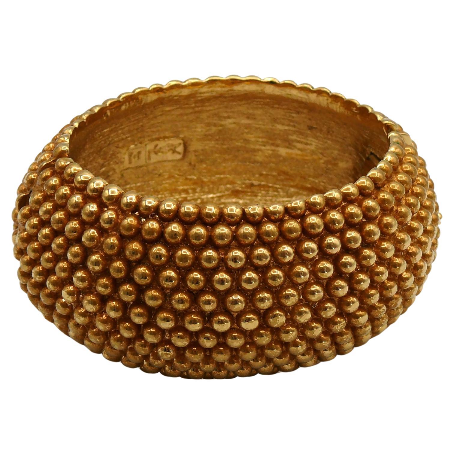 YVES SAINT LAURENT YSL Vintage Gold Tone Pearl Textured Cuff Bracelet For Sale