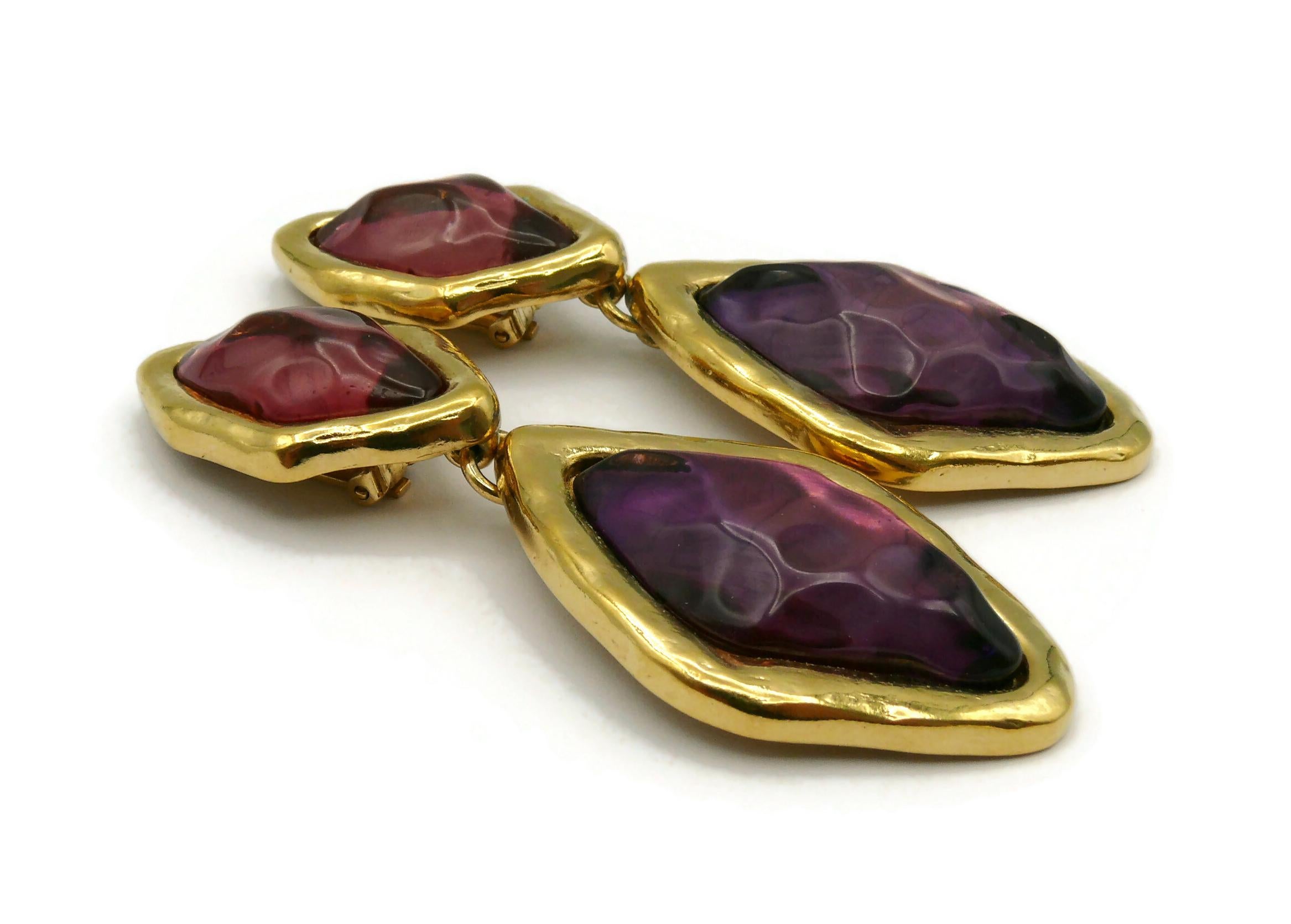 YVES SAINT LAURENT YSL Vintage Gold Tone Purple Resin Dangling Earrings For Sale 3