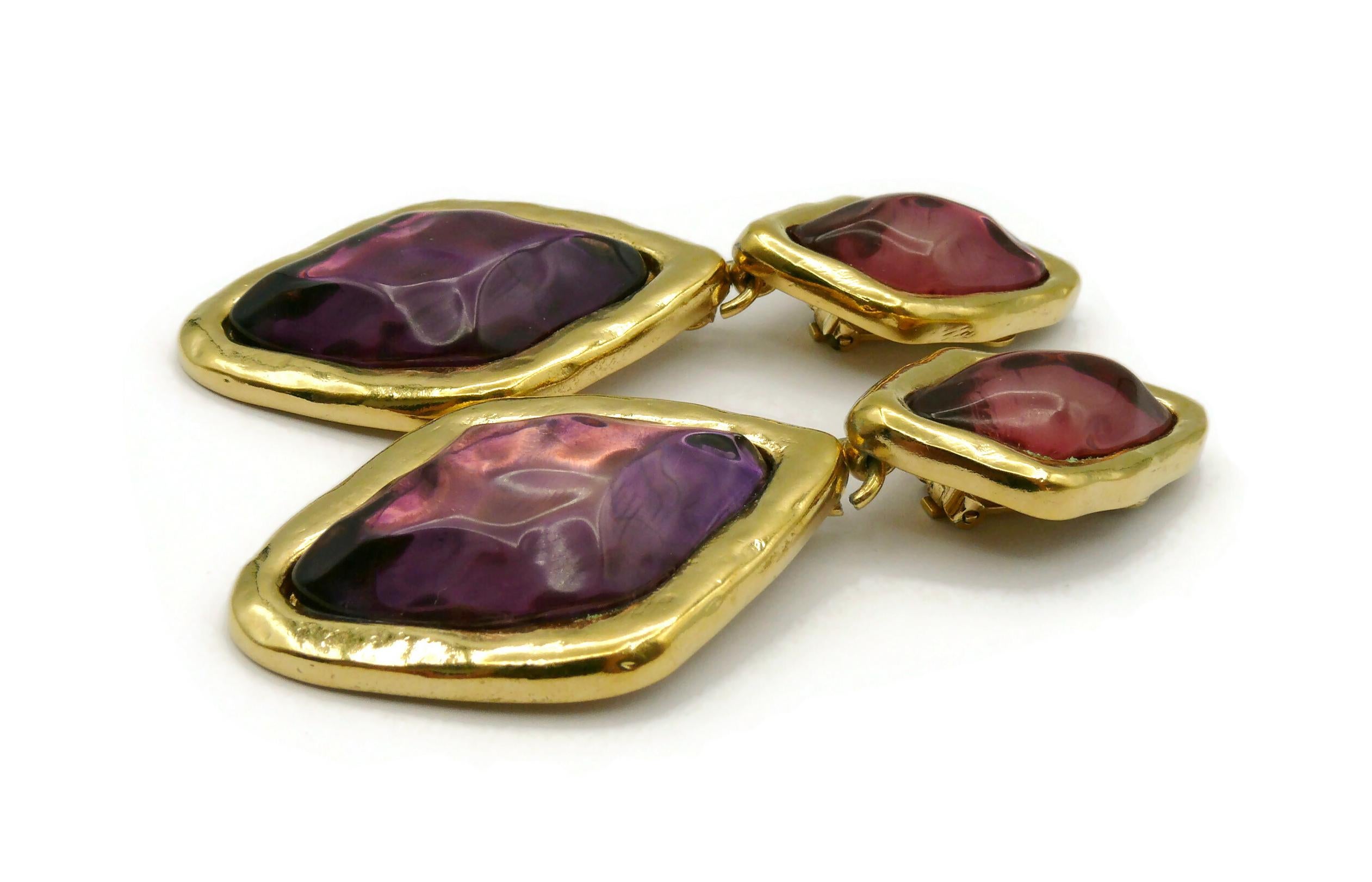 YVES SAINT LAURENT YSL Vintage Gold Tone Purple Resin Dangling Earrings For Sale 4