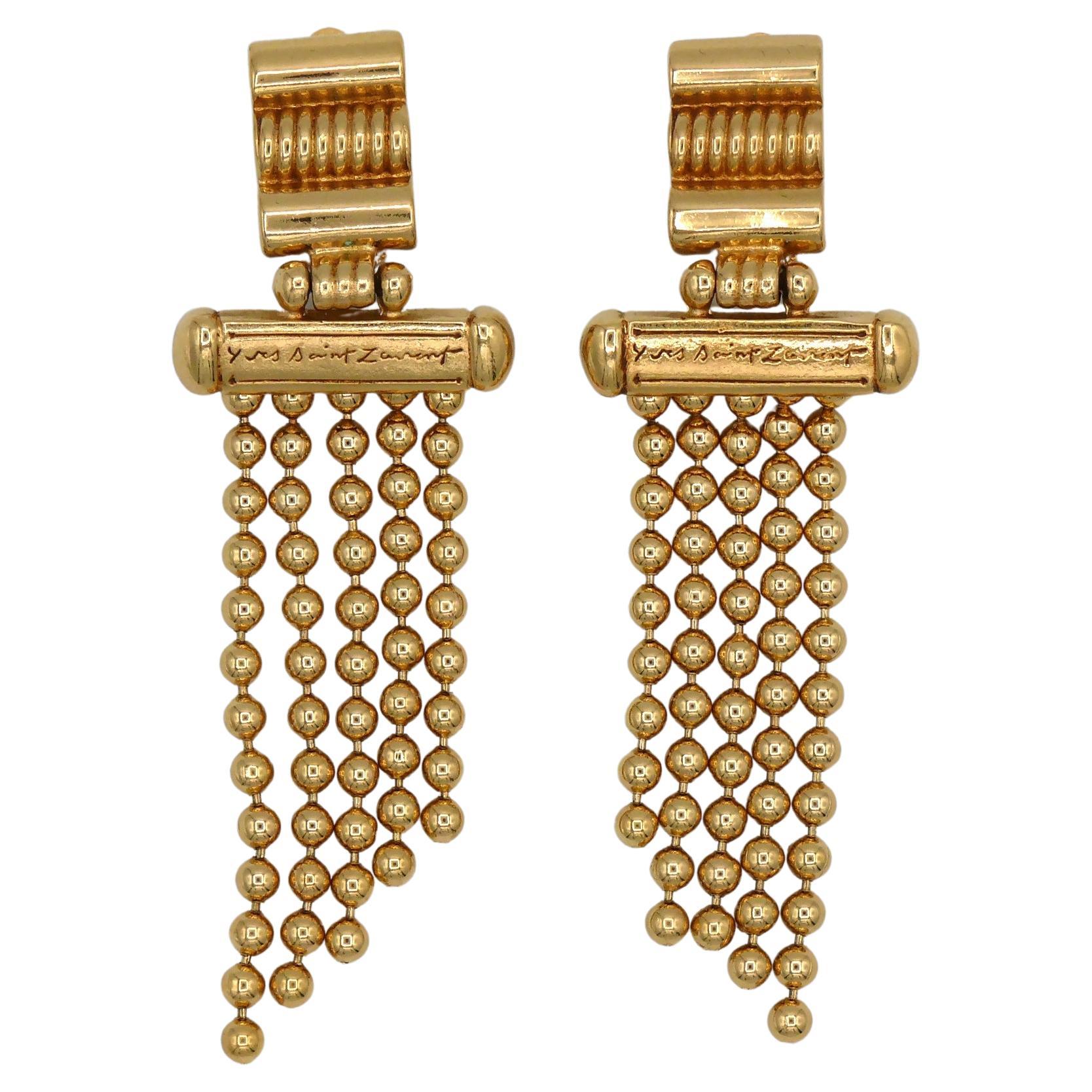 YVES SAINT LAURENT YSL Vintage Gold Tone Rain Dangling Earrings For Sale