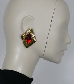 YVES SAINT LAURENT YSL Vintage Gold Tone Red Resin Clip-On Earrings