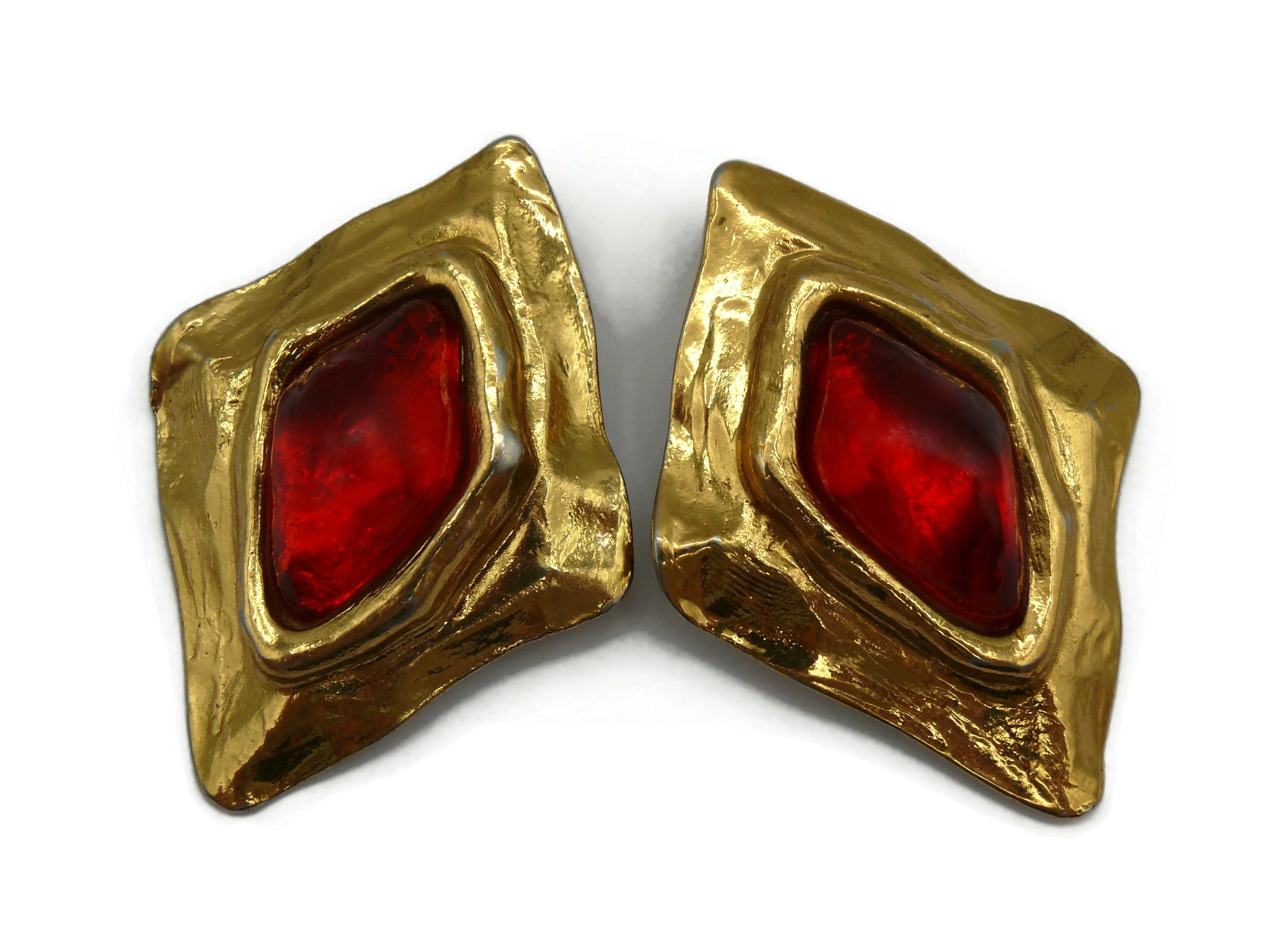 Women's YVES SAINT LAURENT YSL Vintage Gold Tone Red Resin Clip-On Earrings For Sale
