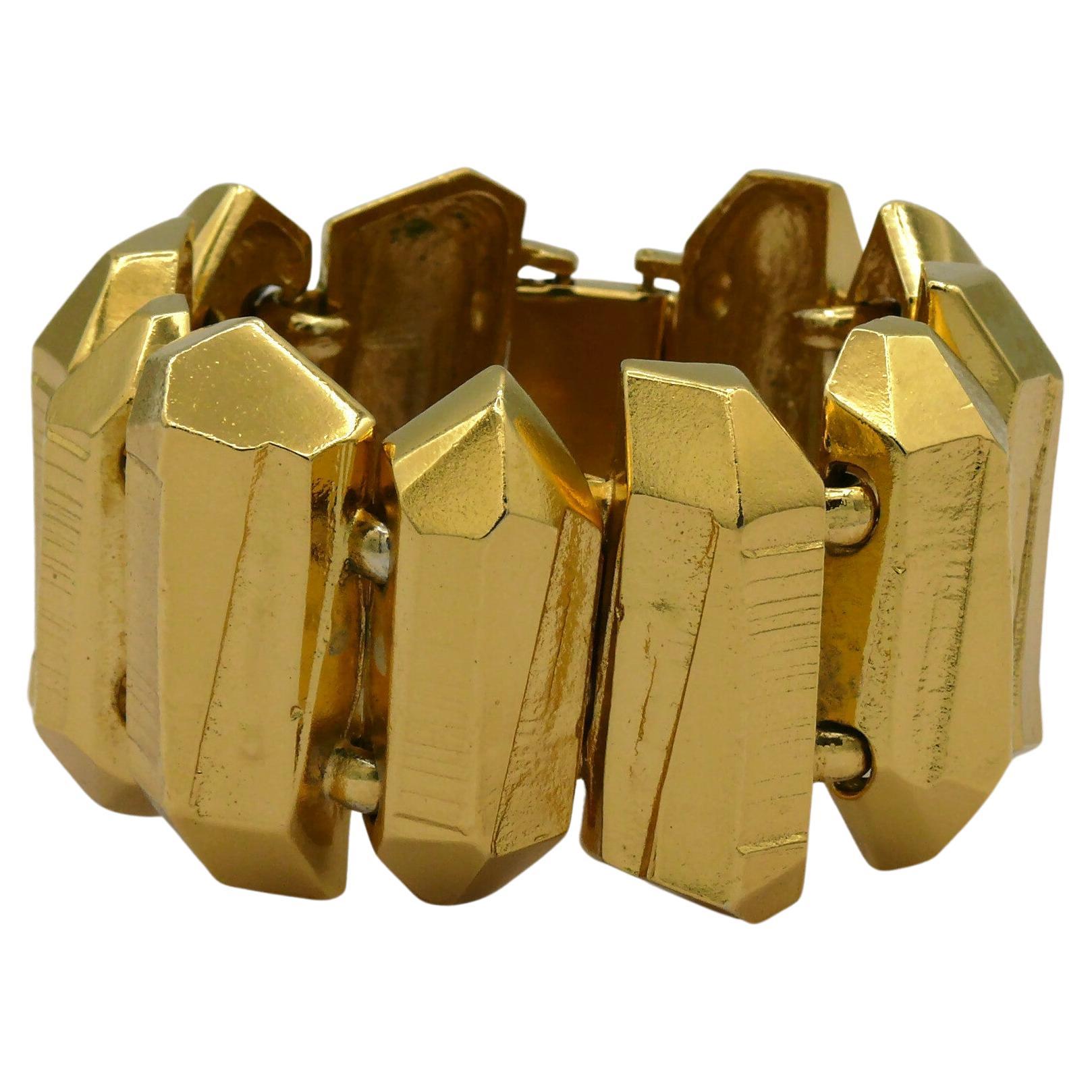 YVES SAINT LAURENT YSL Vintage Gold Tone Rock Crystal Prism Design Cuff Bracelet