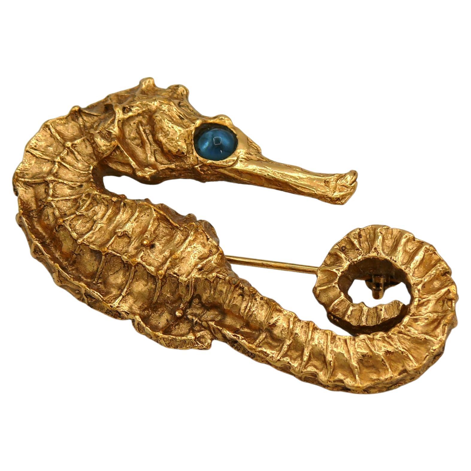 YVES SAINT LAURENT YSL Vintage Gold Tone Seahorse Brooch For Sale