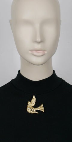 YVES SAINT LAURENT YSL Vintage Gold Tone Textured Bird Motif Brooch