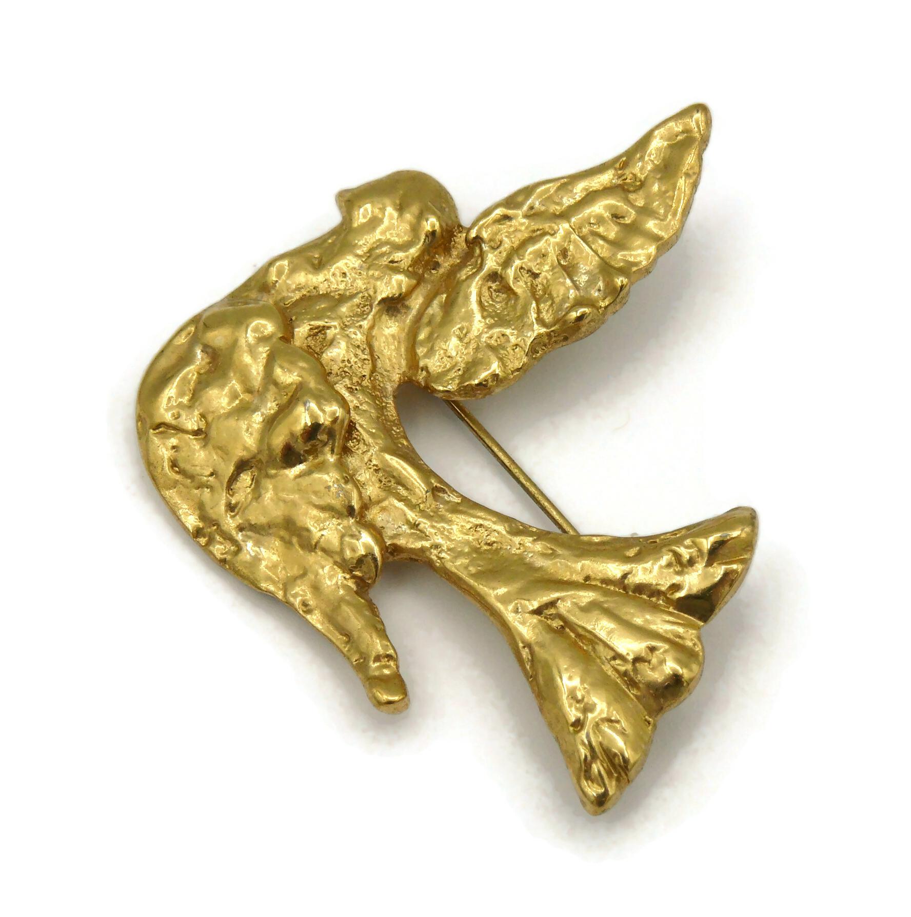 YVES SAINT LAURENT YSL Vintage Gold Tone Textured Bird Motif Brooch For Sale 2