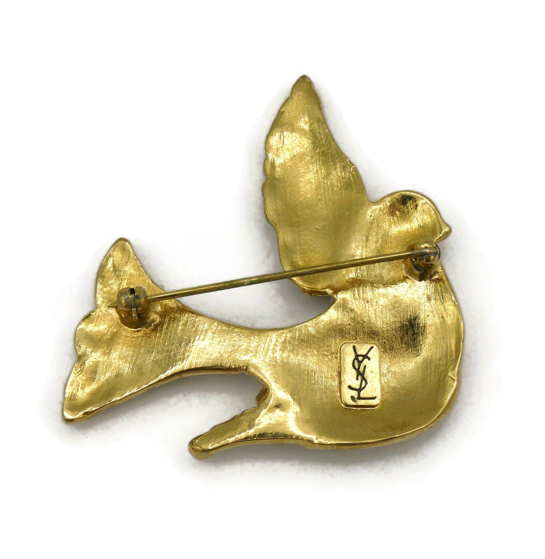 YVES SAINT LAURENT YSL Vintage Gold Tone Textured Bird Motif Brooch For Sale 3
