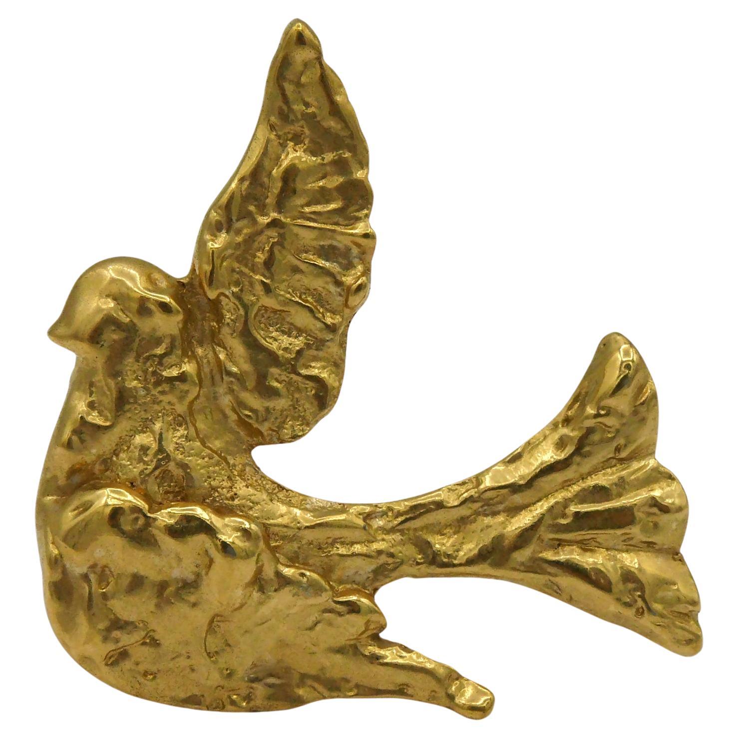 YVES SAINT LAURENT YSL Vintage Gold Tone Textured Bird Motif Brooch For Sale