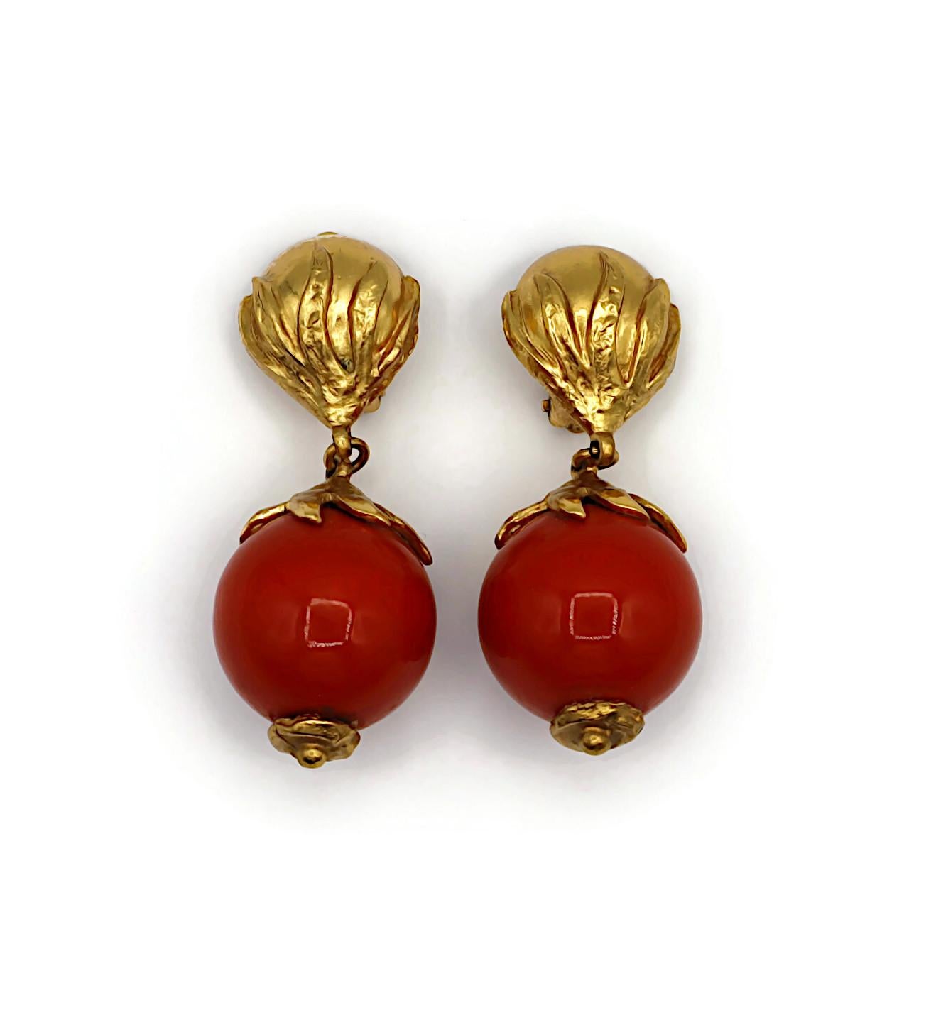 Women's YVES SAINT LAURENT YSL Vintage Gold Tone Wood Ball Dangling Earrings For Sale