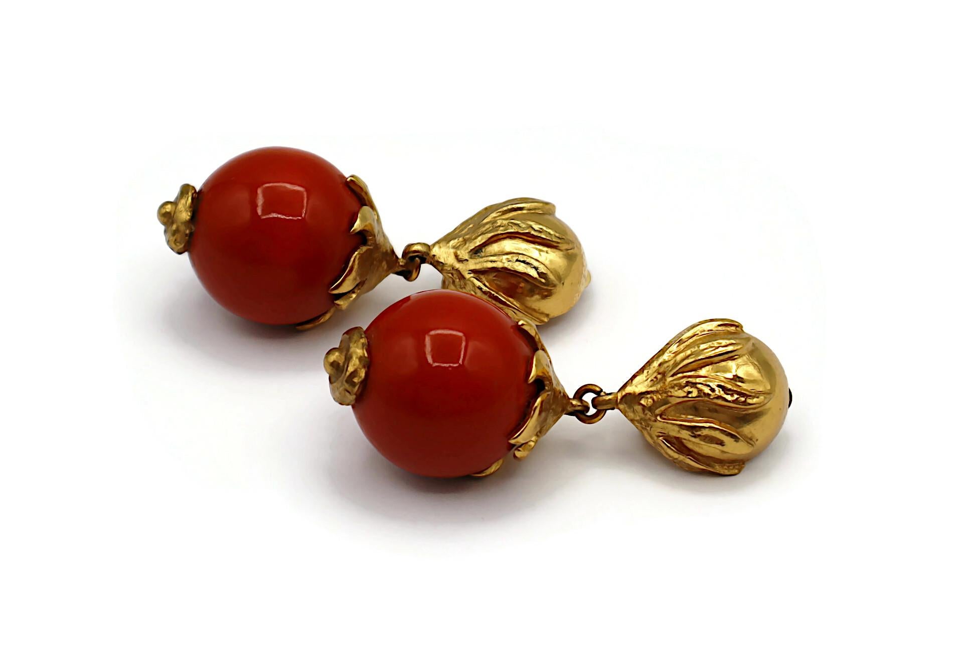 YVES SAINT LAURENT YSL Vintage Gold Tone Wood Ball Dangling Earrings For Sale 1