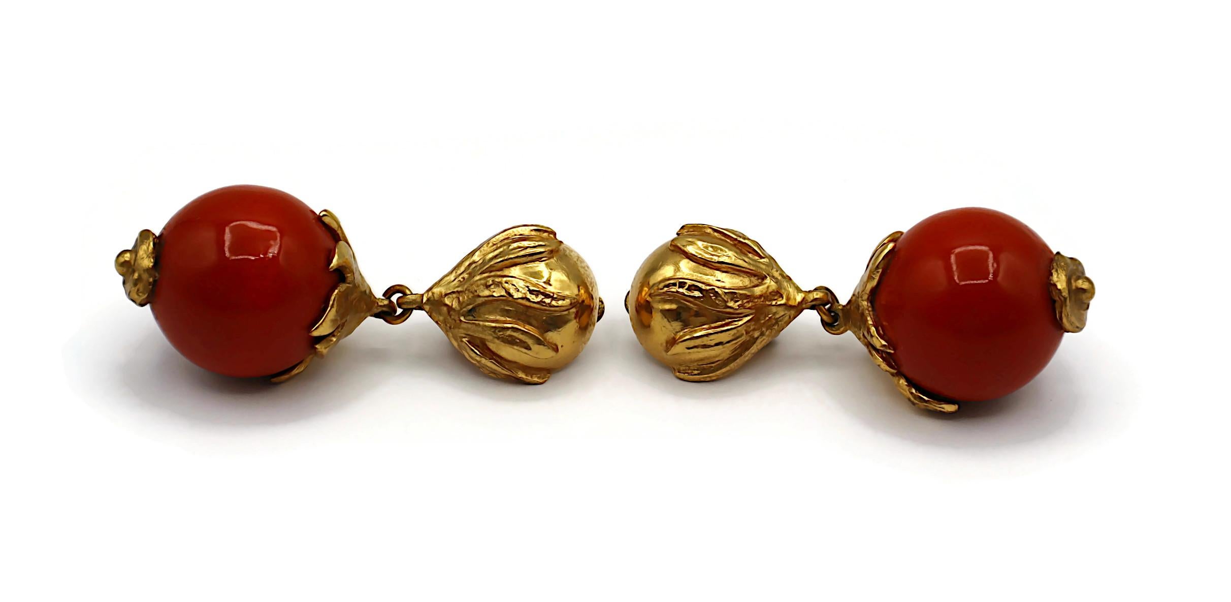 YVES SAINT LAURENT YSL Vintage Gold Tone Wood Ball Dangling Earrings For Sale 2