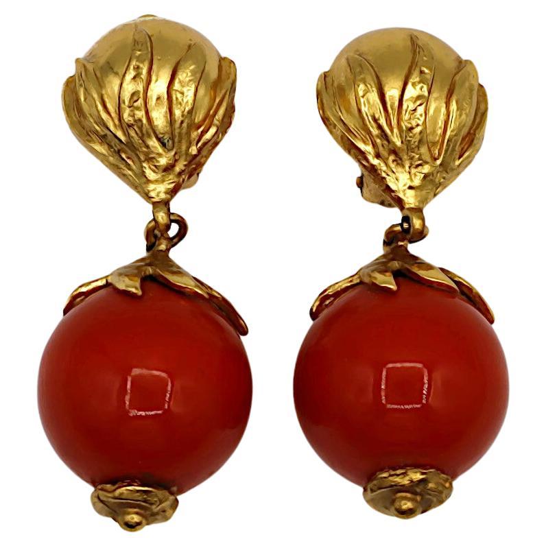YVES SAINT LAURENT YSL Vintage Gold Tone Wood Ball Dangling Earrings For Sale