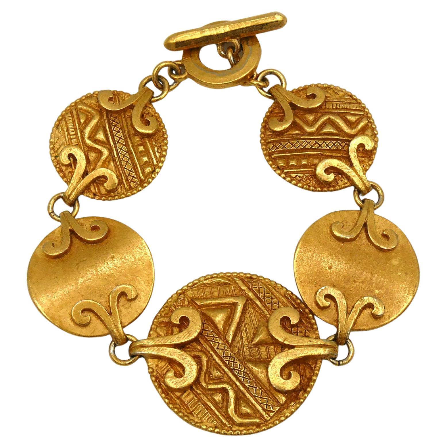 Yves Saint Laurent YSL Vintage Gold Toned African Design Link Bracelet For Sale