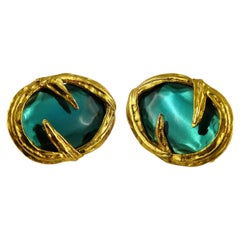 Yves Saint Laurent YSL Vintage Gold Toned Blue Resin Clip-On Earrings